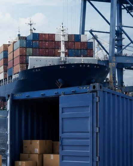 Porte-conteneurs à quai et conteneur ouvert rempli de cartons